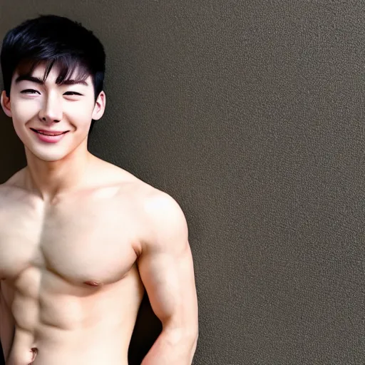 Image similar to korean muscle boy 2 1 years old, posing, happy trail