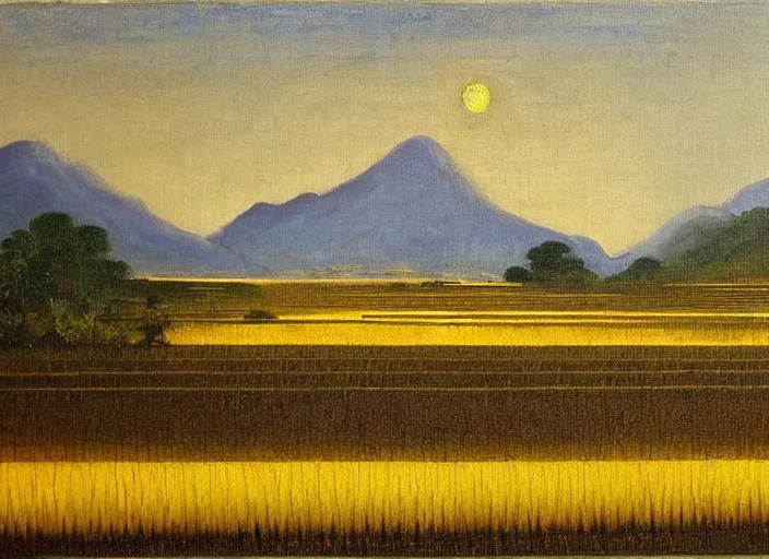 Image similar to painting of a rice paddy with two big mountains in the background, ( a wide asphalt road )!!!! divides paddy field in the middle composition, big yellow sun rising between 2 mountains, oil painting by old master masterpiece