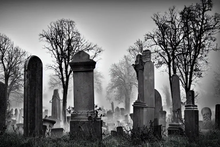 Image similar to spooky graveyard, zombie hand bursting out of the ground, broken tombstones, marble crypt, foggy moonlit night, dark soil, overgrown trees, gothic architecture, rusted iron fencing, high resolution photograph, faded colors, deviantart