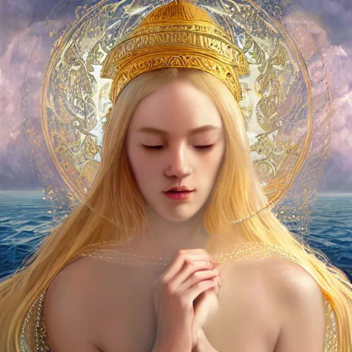 Prompt: breathtakingly detailed concept art painting portrait of a goddess floating on the sea floor, blond hair in a white sheer dress, full body, orthodox saint ornate background, by hsiao - ron cheng, very moody lighting, 8 k