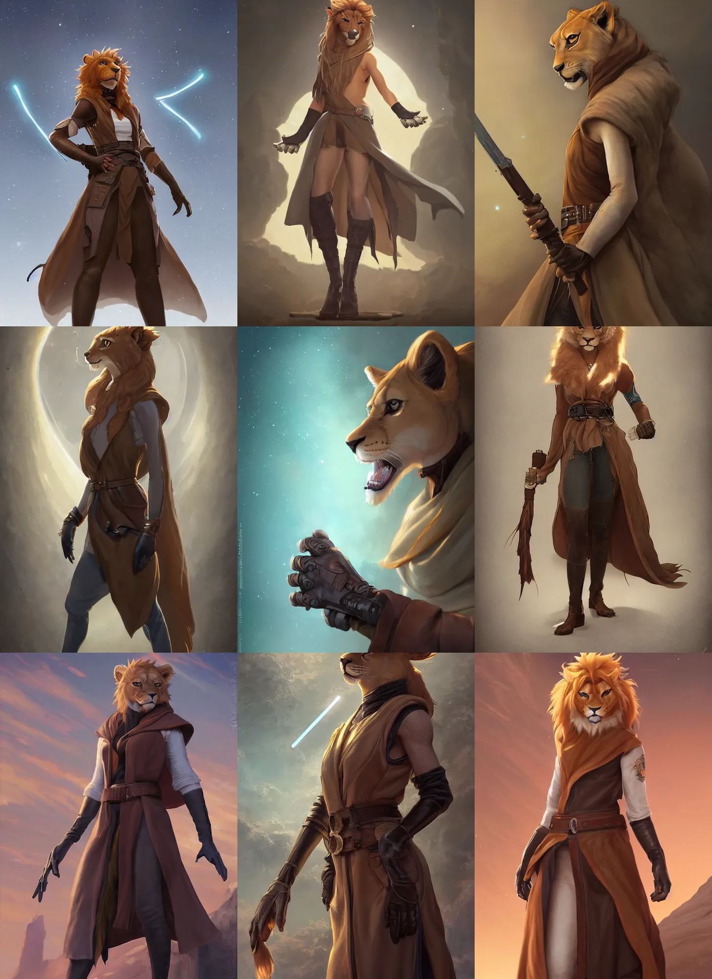 Prompt: beautiful portrait of a female anthropomorphic lioness fursona wearing a sleeveless jedi robe. leather gloves. leather boots. leather belt. character design by charlie bowater, ross tran, artgerm, and makoto shinkai, detailed, soft lighting, rendered in octane