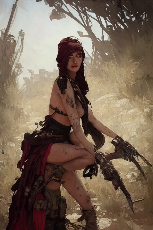 Image similar to a full body portrait of a beautiful post apocalyptic offworld rogues quarter bedouin blind pulp fiction scarlet wild rogue barbarian leper begging by the roadside, intricate, elegant, highly detailed, digital painting, artstation, concept art, smooth, sharp focus, illustration, art by krenz cushart and artem demura and alphonse mucha