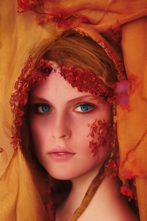 Prompt: a girl with beautiful cold blue eyes, standing in a dark room under the bright lighting of cold lamps, in bright red silk clothes golden ratio, by james jean, medium close - up, perfect composition, dramatic, medium close - up ( mcu ), cannon ef 6 5 mm f / 2. 8
