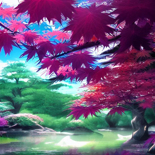 Image similar to Japanese maple, stunning digital masterpiece, anime, 4KHD