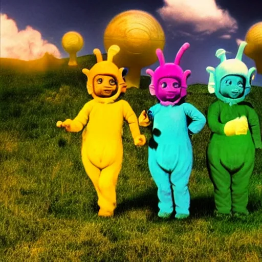 Image similar to photorealistic photo of creepy teletubbies