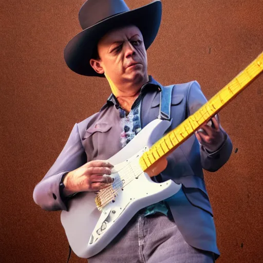 Image similar to hyperrealistic dslr film still of stevie ray vaughan vince vaughn, stunning 8 k octane comprehensive 3 d render, inspired by istvan sandorfi & greg rutkowski & unreal engine, perfect symmetry, dim volumetric cinematic lighting, extremely hyper - detailed, extremely lifelike attributes & lifelike texture, intricate, masterpiece, artstation, stunning