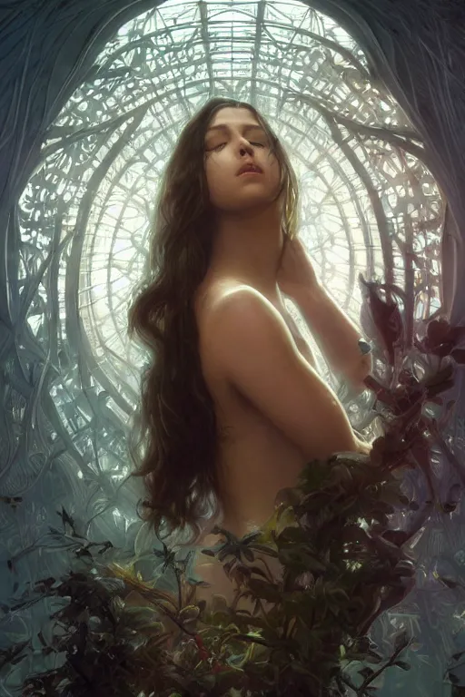 Prompt: beautiful and enigmatic artificial intelligence held captive in a remote research facility. vulnerability and innocence, ultra realistic, sharp details, subsurface scattering, intricate details, warm lighting, beautiful features, highly detailed, photorealistic, octane render, 8 k, unreal engine, art by artgerm and greg rutkowski and alphonse mucha