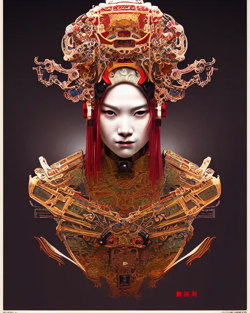 Image similar to portrait of a cyberpunk machine, machine face, upper half portrait, decorated with chinese opera motifs, asian, fine china, wuxia, traditional chinese art, intricate, elegant, highly detailed, symmetry, headpiece, digital painting, artstation concept art smooth sharp focus, illustration, art by artgerm and greg rutkowski alphonse mucha 8 k