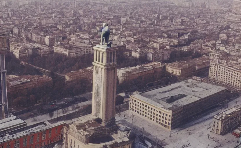 Prompt: high quality 2000s historic footage of soviet square with lenin statue with stanilist style high rise and pedestrians, color aerial photo drone, Cinestill 800t, heavy grainy picture, very detailed, high quality, 4k panoramic