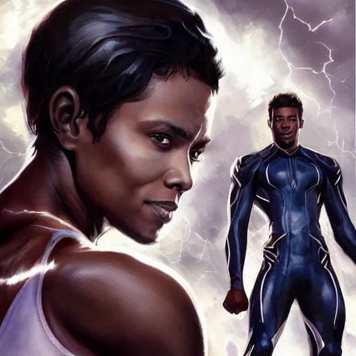 Image similar to chadwick boseman black banther and halle berry as the character strom from x - men, white hair, lightning beings, epic splash cover art,, by artgerm, greg rutkowski, james gurney, alex ross