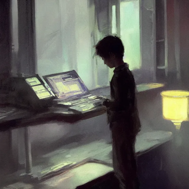 Image similar to boy on computer dark room, elegant, intricate, digital painting, artstation, concept art, smooth, sharp focus, illustration, art by konstantin korovin and daniel f. gerhartz and john howe