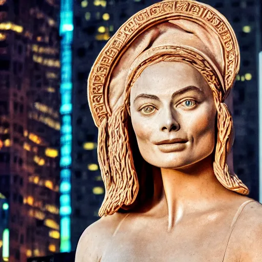 Image similar to extreme long - shot photograph of a renaissance clay sculpture of margot robbie wearing a phrygian cap in times square, made by michelangelo, very detailed, sharp focus, 8 k resolution, ray tracing