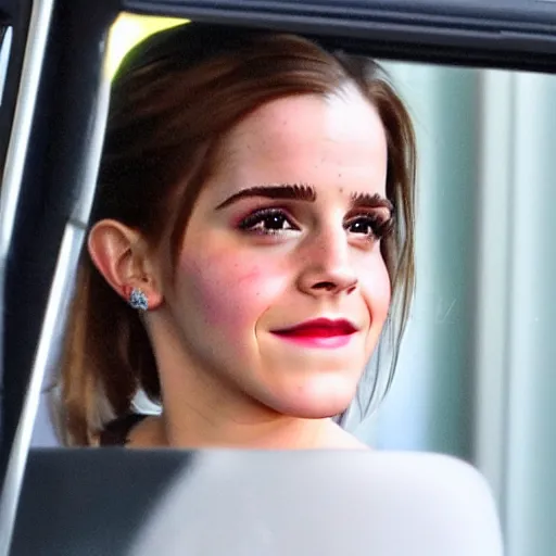 Prompt: emma watson unapologetically grinning from her car window, paparazzi photo, tabloid, perfect clear eyes, movie promo image, 4 k