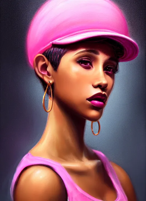 Image similar to portrait of young vanessa morgan with bright pink hair, black girl, vanessa morgan, curly pixie cut hair, wearing newsboy cap, newsboy cap, hoop earrings, intricate, elegant, glowing lights, highly detailed, digital painting, artstation, concept art, smooth, sharp focus, illustration, art by wlop, mars ravelo and greg rutkowski