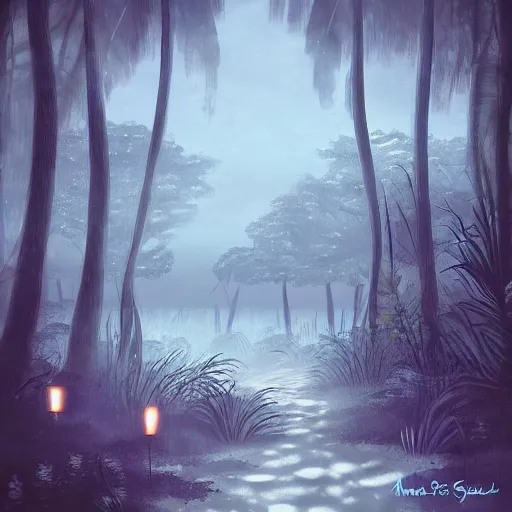 Prompt: dark forest mixed with a beach resort, dark fantasy, night, by anne stoke, digital art