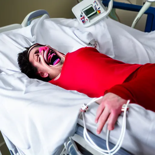 Image similar to confused laughing clown lying in hospital bed with wrist restraints on, restraint fabric straps attached to hospital bed, photograph, 8 k