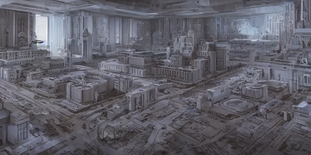 Image similar to Architectural model of a Soviet era science fiction set painted by James Jean, cinematography by Yo-Yo Ma, composition by Fritz Lang