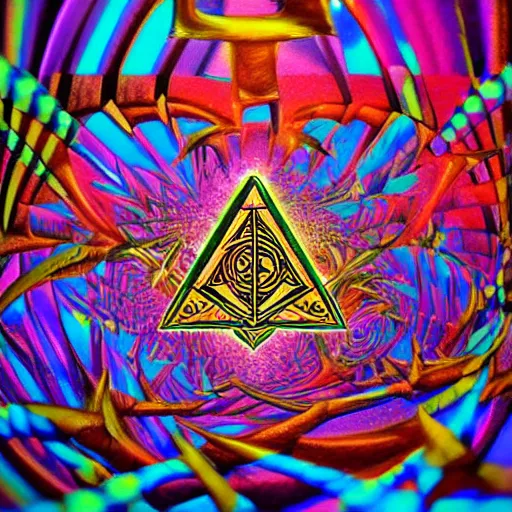 Image similar to Psychedelic Inter-dimensional freemasonic occultic chequered trippy dreamscape in the style of a photo-realistic album cover ( Digital art unreal engine, 3d highly detailed, 8k, UHD, fantasy, dream, otherworldly, bizzare, spirals, colourful, vivid)