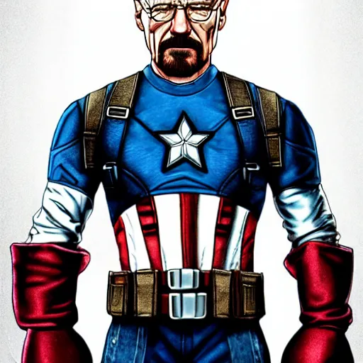 Prompt: hyper realistic photo of walter white donning a captain america suit