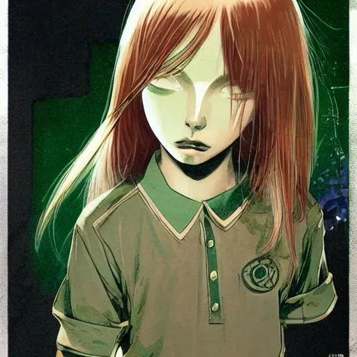 Image similar to character portrait of a boy with green long straight hair soft light painted by james jean and katsuhiro otomo and erik jones, inspired by evangeleon anime, smooth face feature, high detail illustration, sharp high detail, manga and anime 1 9 9 9