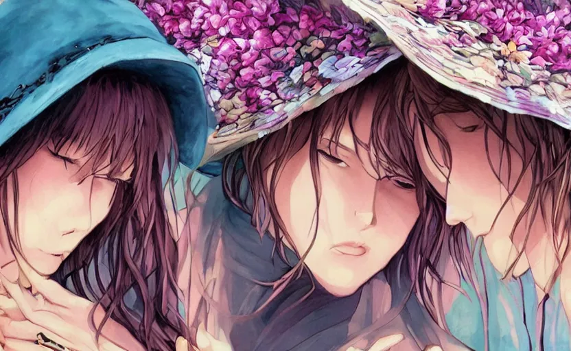 Image similar to bestselling movie poster, official media,a cinematic beautiful closeup moment of lovers saying goodbye wearing boho poncho and sunhat with hyacinths, full body portrait and simple form, brutal shapes, shaman, pixiv, 1970s fashion, official anime media, cinematic lighting, artstation consept artwork by doja cat, charlie bowater, waterhouse, ,greg rutkowski, wong kar wai