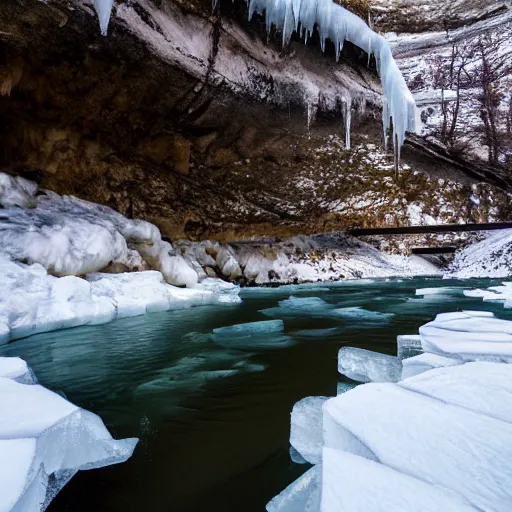 Image similar to ice cave with low ceiling and narrow rough river running through it, surreal, icicles,