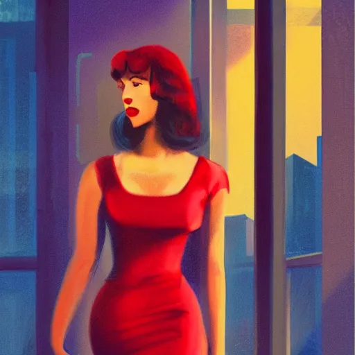 Prompt: red dress girl, in the style of hopper, rain, night, film noir, work a element of future dreamwave, cyberpunk