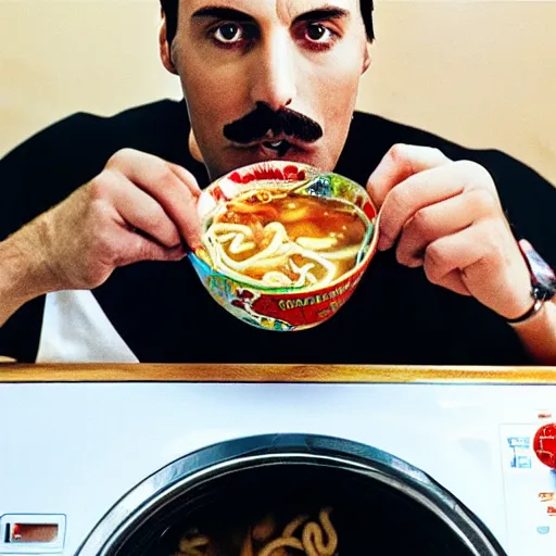 Image similar to Photo of Freddie Mercury eating ramen inside a washing machine, highly-detailed 4K award-winning