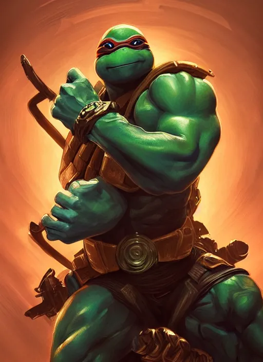 Image similar to portrait of ninja turtle, streampunk!! muscular, intricate, elegant, highly detailed, digital painting, artstation, concept art, smooth, sharp focus, illustration, art by artgerm and greg rutkowski and alphonse mucha