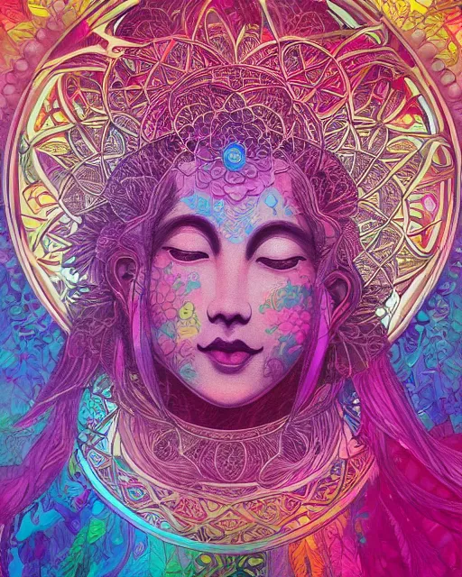 Image similar to flower of life contented peaceful bright eyes smiling bodhisattva, praying meditating, portrait, intricate, colorful, symmetrical, art by artgerm and wlop and james jean and carne griffiths, artstation 8 k uhd