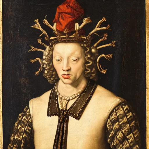 Image similar to renaissance style portrait of a cuttlefish wearing a crown and a cape, dark background