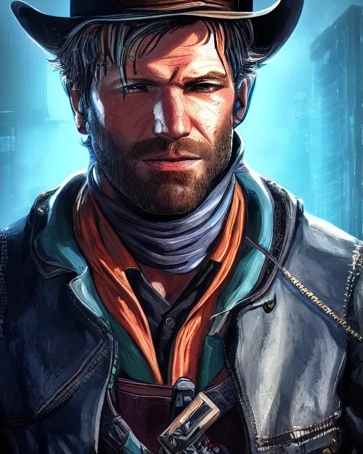 Prompt: Arthur Morgan cyberpunk portrait, trending on artstation, detailed,