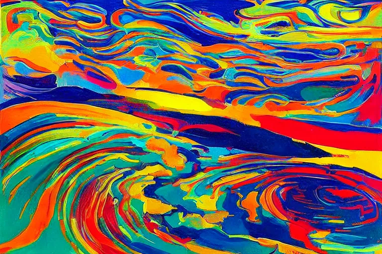 Prompt: Psychedelic sci-fi dreamworld. Landscape painting. Organic. Winding rushing water. Waves. Clouds. Wayne Thiebaud. Peter Max.