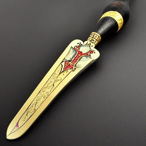 Prompt: long thin dagger with tarot inspired engraving a wide cross guard and ebony hourglass handle with a gold and ruby pommrl