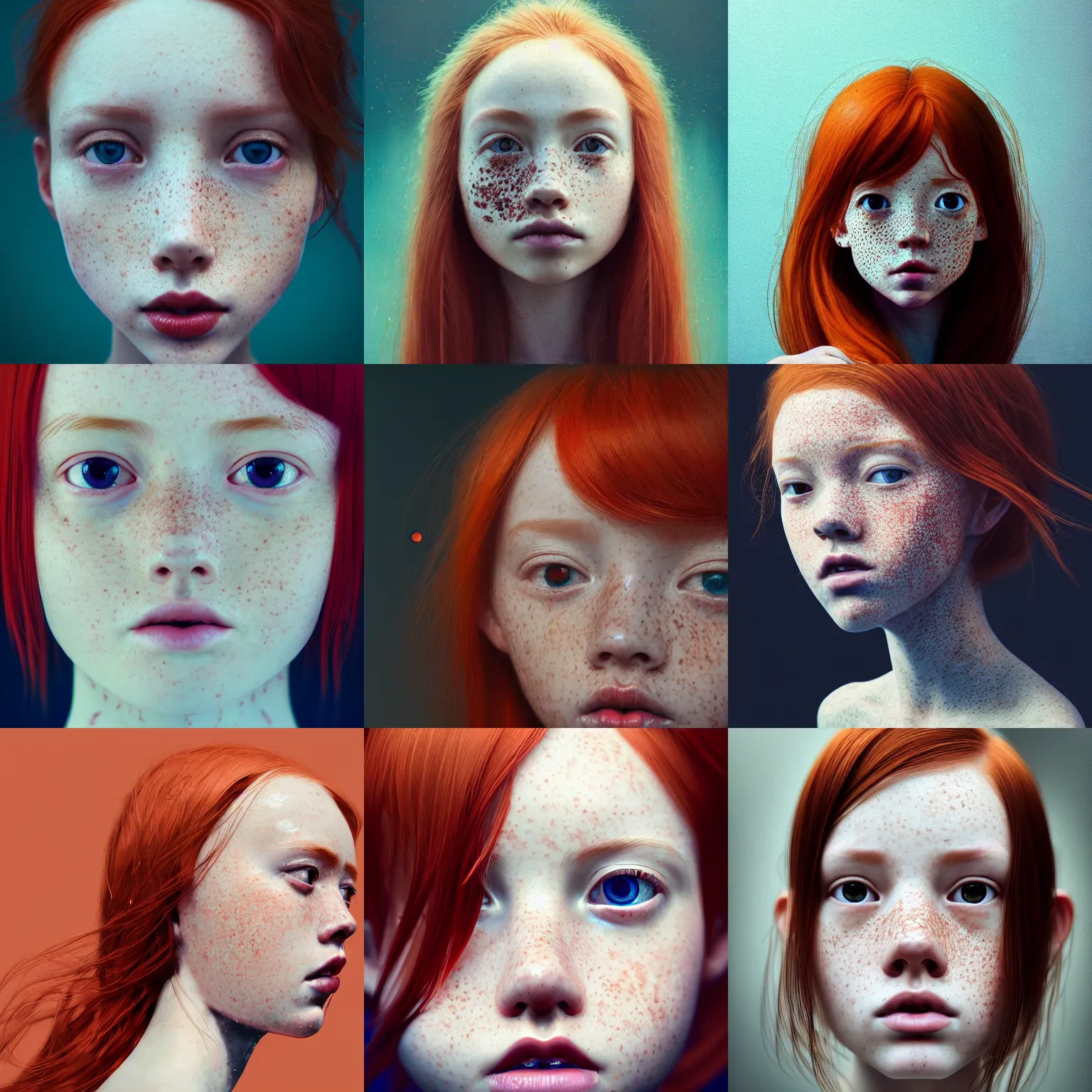 Prompt: portrait of a redheaded petite girl with freckles. intricate abstract. intricate artwor, by Tooth Wu, wlop, beeple, dan mumfor, , greg rutkowski, trending on artstation, very coherent symmetrical artwork, perfect face, 35 mm, cinematic, hyper realism, high detail, octane render, 8k, chrome accents
