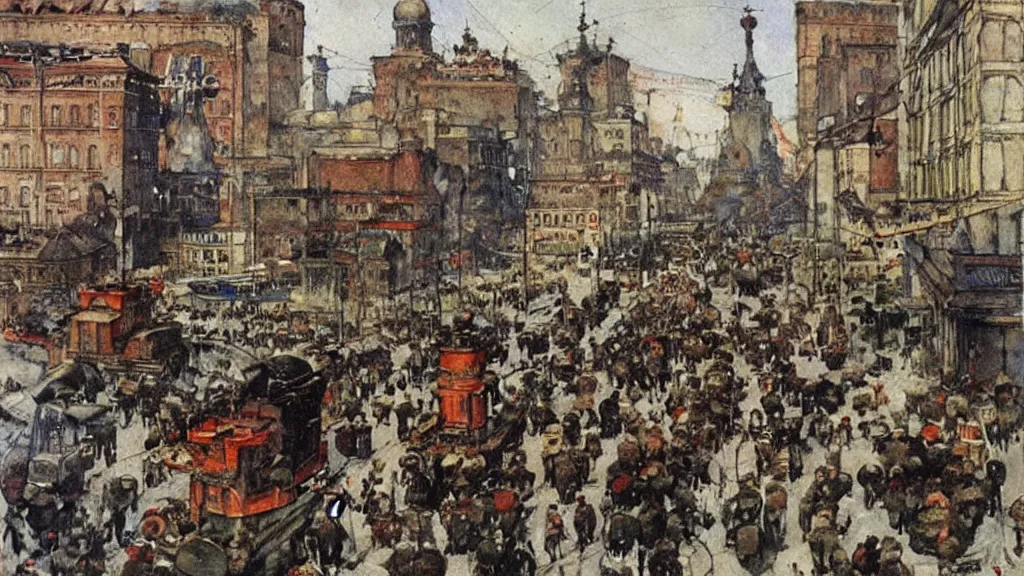 Image similar to russian revolution dieselpunk 1 9 1 0 cityscape, painting by carl larsson