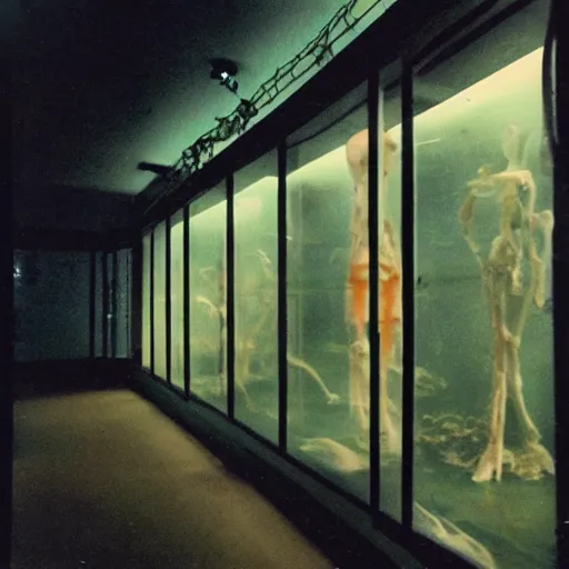 Image similar to spooky creepy liminal space, display case, aquatic exhibition museum, dried aquarium, computer screens, photo taken on 1 9 8 0 s fujifilm superia