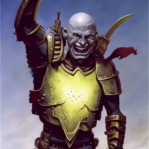 Image similar to ( ( ( head and shoulders portrait of a gaunt noseless yellow - skinned bald githyanki warrior in a breastplate, wielding a magical silver greatsword ) ) ), greg rutkowski, frank frazetta, alexandre chaudret, boris vallejo, michael whelan, miro petrov, magali villeneuve, donato giancola, d & d