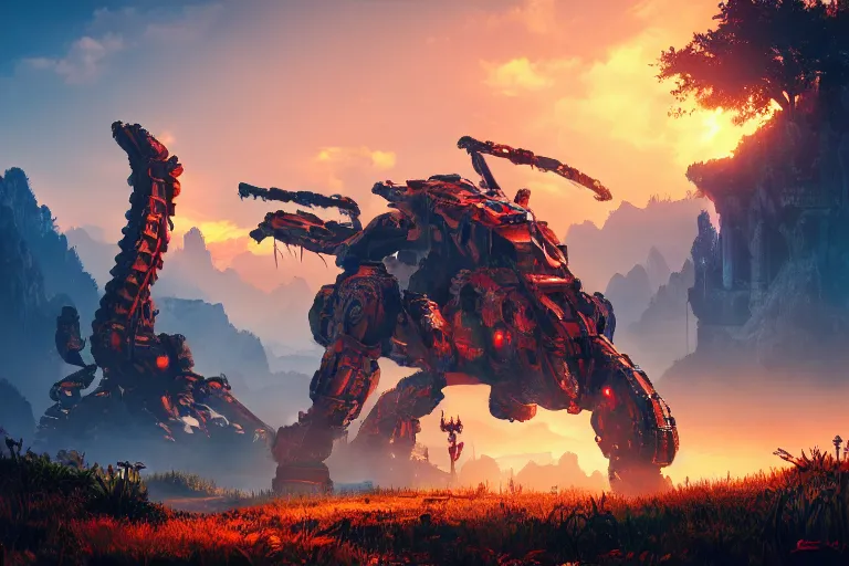 Image similar to fireclaw machine mecanical creature robot of horizon forbidden west horizon zero dawn bioluminiscence global illumination ray tracing hdr fanart arstation by ian pesty and alena aenami artworks in 4 k