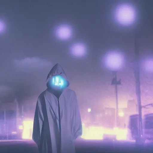 Prompt: digital portrait of ghost under a sheet, plume of marijuana cigarette smoke, floating over a city sidewalk, bright neon city night lights, spooky Halloween fun, trending on artstation, 8k, 4k, volumetric lighting, unity