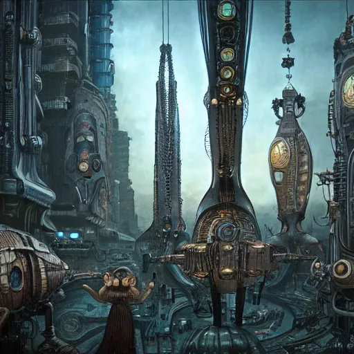Prompt: a scifi family in an epic steampunk city, by moebius and hr giger, cinematic, 8 k