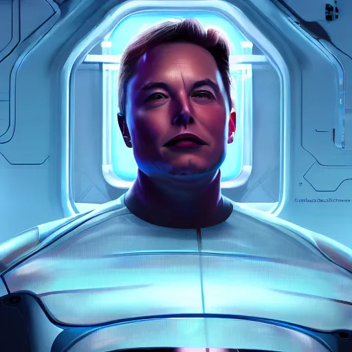 Image similar to portrait of a cyborg elon musk, metallic skin, led lights, high technology inplants, mattepainting concept blizzard pixar maya engine on stylized background splash comics global illumination lighting artstation lois van baarle, ilya kuvshinov, rossdraws