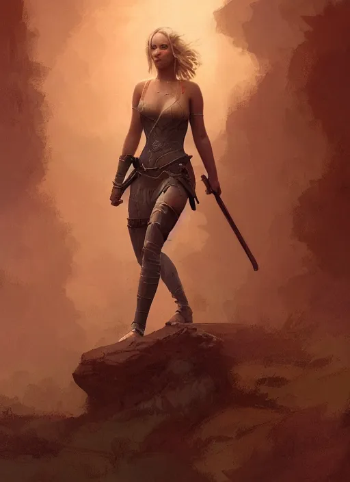 Prompt: hyper realistic photo of warrior princess jennifer lawrence full body, rule of thirds, conceptart, saturated colors, cinematic, greg rutkowski, brom, james gurney, mignola, craig mullins, artstation, cgsociety