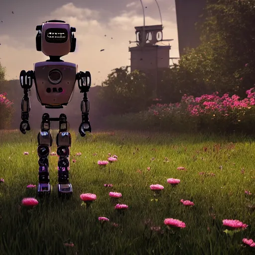 Prompt: robot with little girl collect flowers in the field, steampunk, cyberpunk, 4k, hyperrealistic, focused, high detail, unreal engine 5, cinematic