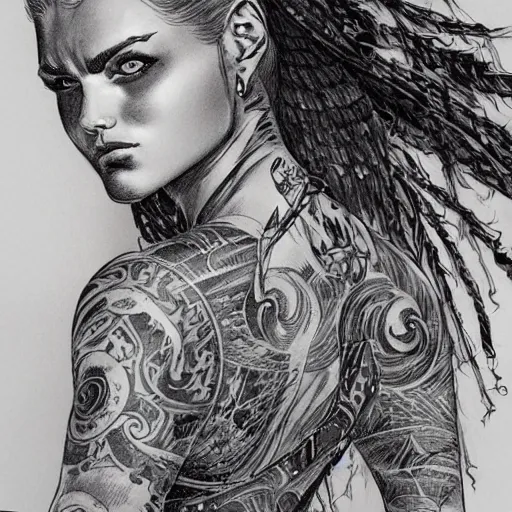 Prompt: a beautiful portrait of a heavily tattooed Greek Goddess Travis Charest style