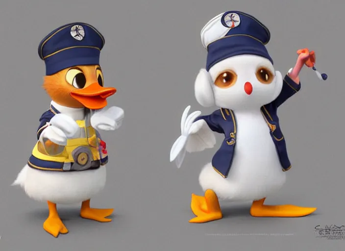 Prompt: award - winning detailed concept art of a cute iconic anthropomorphic duck character wearing a sailor suit. art by wlop on bcy. net, realistic. detailed feathers, art by cheng yi. artstationhd, artgerm, disney, pixar zootopia. 3 d rendering, high quality model sheet, donald