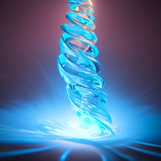 Image similar to Render of a beautiful gigantic radiant blue crystal, spiraling upward, golden hour, serene, far away shot, hyperdetailed, trending on Artstation, Unreal Engine 4k