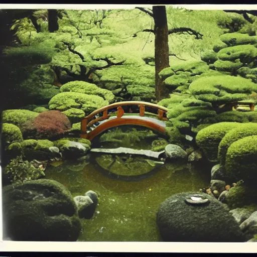 Image similar to polaroid photo of an japanese garden taken at night with flash, grainy