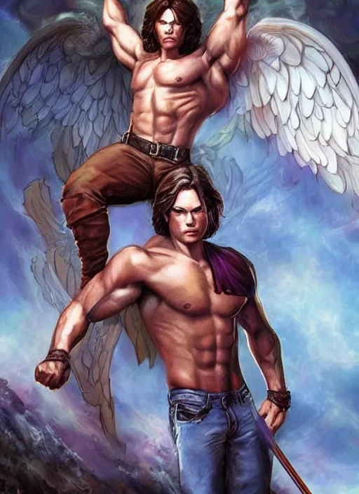 Image similar to beautiful! Sam Winchester as a muscular angel starring a urban fantasy romance book cover, D&D!, fantasy style, sharp focus!, ultra detailed, art by Artgerm and Peter Andrew Jones, WLUP