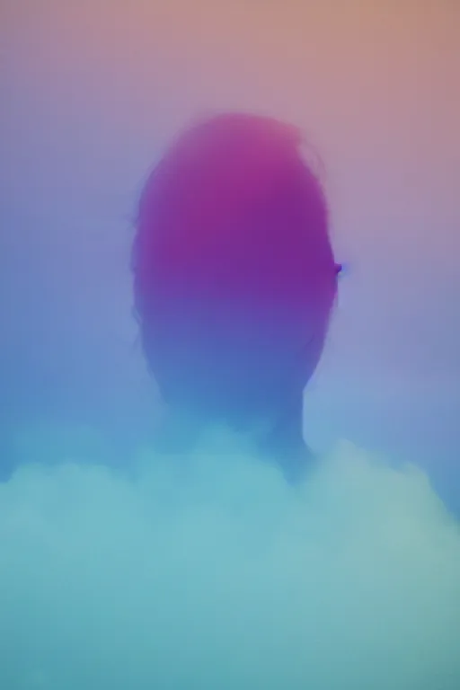 Image similar to high quality pastel coloured film close up wide angle photograph of a model wearing clothing swimming on cloud furniture in a icelandic black rock!! environment in a partially haze filled dreamstate world. three point light, rainbow. photographic production. art directed. pastel colours. volumetric clouds. pastel gradient overlay. waves glitch artefacts. extreme facial clarity. 8 k. filmic.